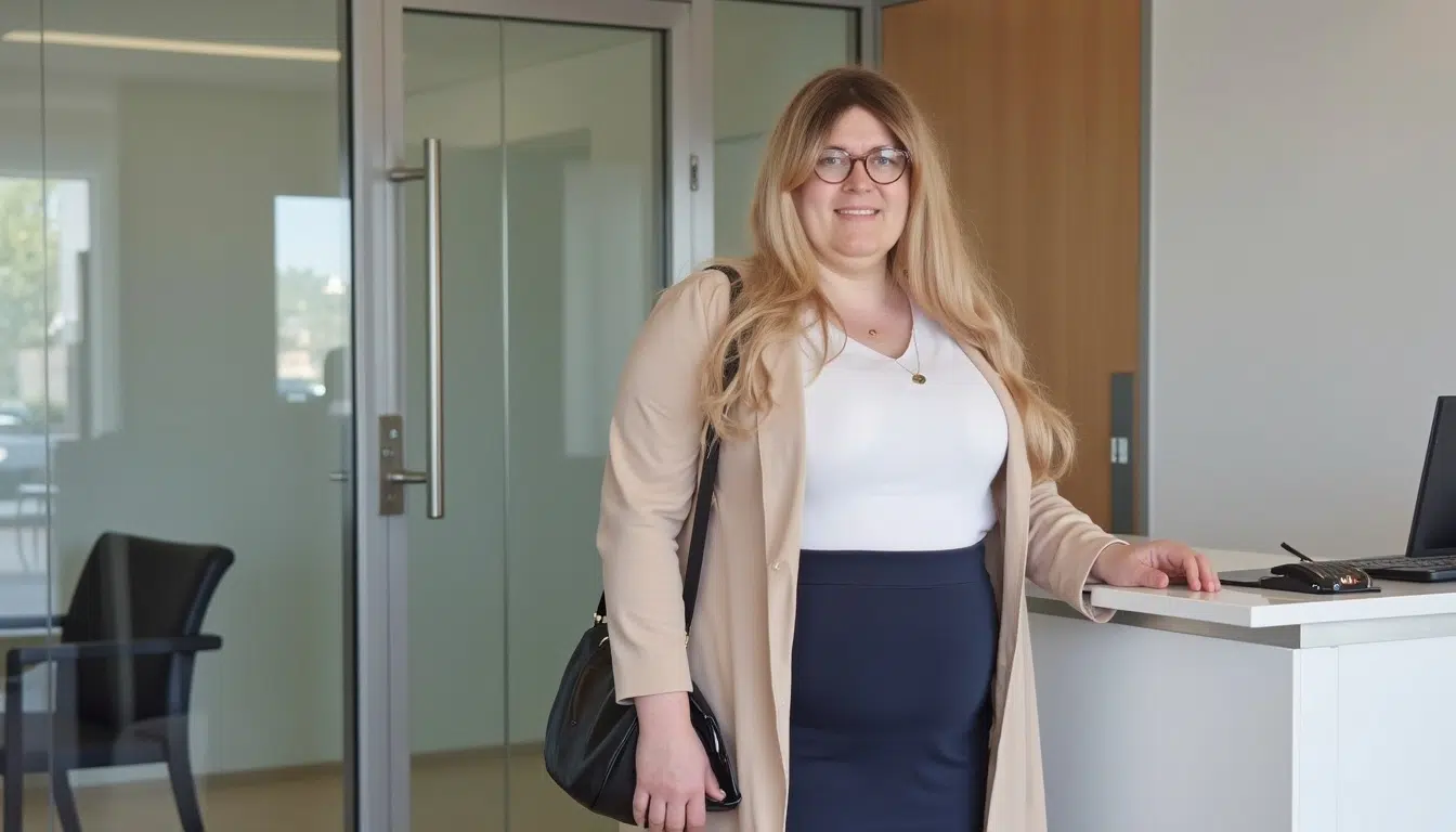 Eine selbstbewusste, leicht mollige Crossdresserin mit sehr langen, blonden Haaren steht in einem modernen Büro am Empfangstresen. Sie trägt eine elegante weiße Satinbluse, einen figurbetonten marineblauen Bleistiftrock, rauchgraue Feinstrumpfhosen und schwarze Lackpumps. Ein beigefarbener Trenchcoat ist locker an der Taille gebunden. Mit einem freundlichen Lächeln hält sie einen Telefonhörer in der Hand, während die andere auf einer geöffneten Akte ruht. Der Hintergrund zeigt eine stilvolle, minimalistische Büroeinrichtung mit einem Computer und grünen Pflanzen.