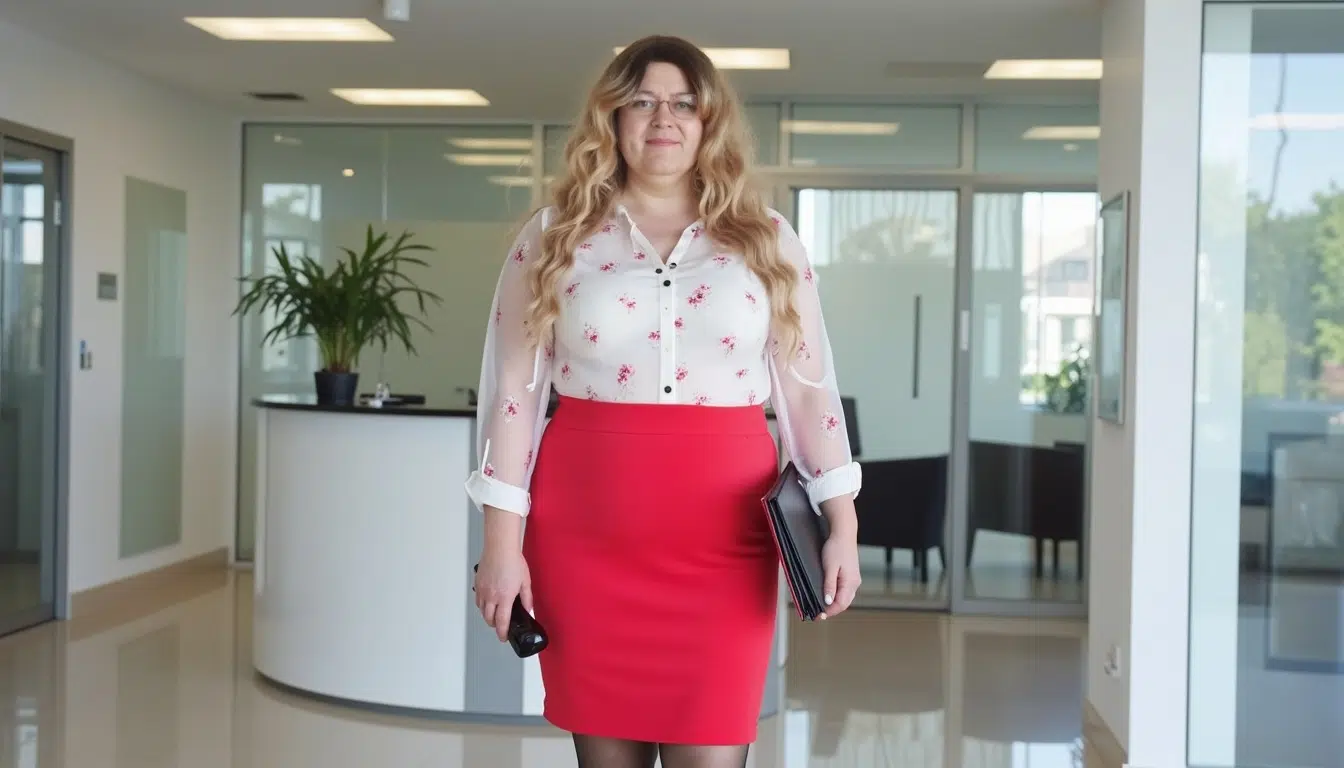 Larissa, eine selbstbewusste, curvy Crossdressing-Frau mit langen blonden Haaren, trägt einen roten Bleistiftrock und eine weiße Bluse mit Blumenmustern. Sie steht in einem modernen Büro am Empfang und lächelt freundlich. Sie trägt schwarze Lackpumps und hält einen Telefonhörer in einer Hand, während die andere auf einer Mappe ruht. Der Raum ist minimalistisch und gut beleuchtet.